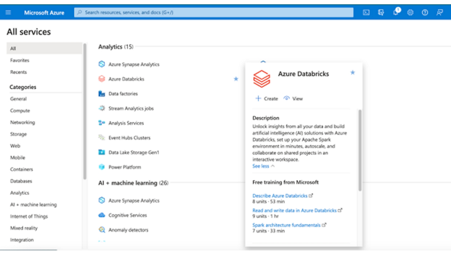 Analytics services in Azure with a pop up of a description of Azure Databricks