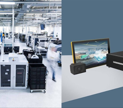 Innenansicht einer Fabrik mit Montagebereichen und Maschinen auf der linken Seite; elektronische Geräte