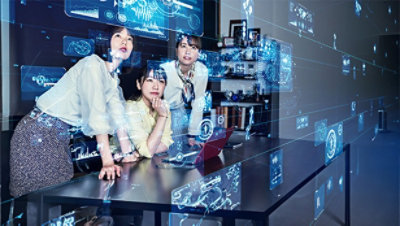 Abstract illustration of a naval ship with graphic red circles and black mesh elements against a pink background.