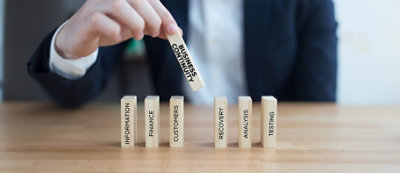 A hand places a wooden block labeled "BUSINESS CONTINUITY" above five other blocks labeled