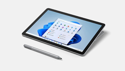 Surface Go 3 apresentado como um tablet com uma Caneta para Surface.