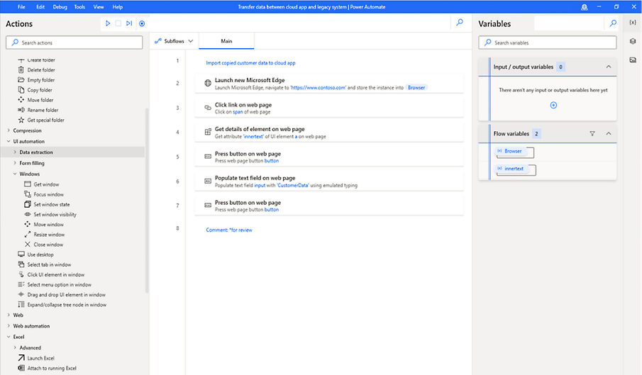 A data extraction flow with variables in Power Automate 