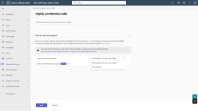 Screenshot of Microsoft Teams admin center showing settings for end-to-end encryption on highly confidential calls