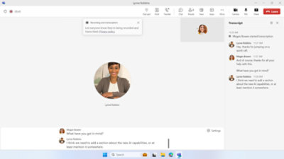 A video call interface showing a circular profile picture in the center. Chat messages are visible at the bottom.