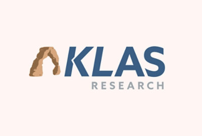 A logo for a research company with the text KLAS RESEARCH featuring a brown arch on a white background.