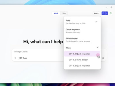  Copilot prompt screen showing popup for GPT selections