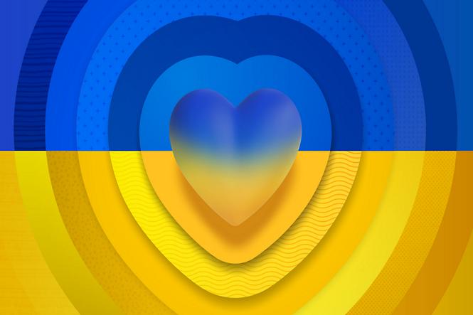 A Teams background of a heart in the colors of the Ukrainian flag