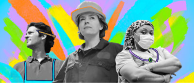 Een groep personen die voor een kleurrijke achtergrond staan.