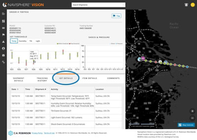 Order tracking details pop up over a supply chain map