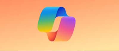 Farbverlaufsfarbenes abstraktes Bandlogo auf orangefarbenem Hintergrund.