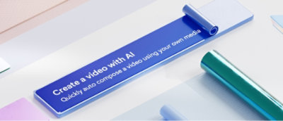 Blue banner with the text "Create a video with AI. Quickly auto compose a video using your own media" 