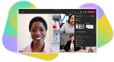 Et Teams-videoopkald med indstillingerne for indholdsdeling åbne over opkaldet.