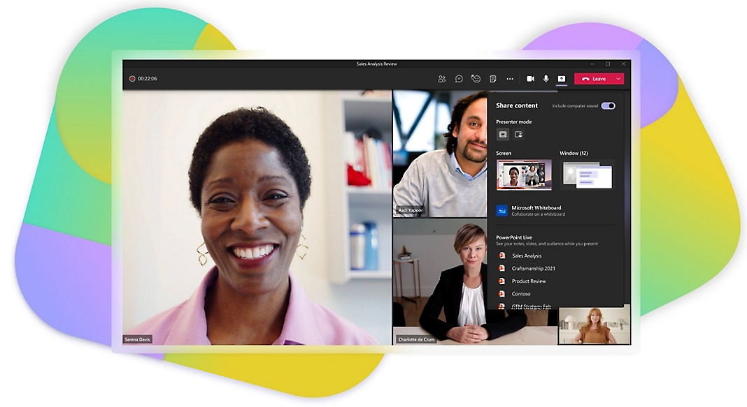 A Teams video call with the content sharing options open over the call.