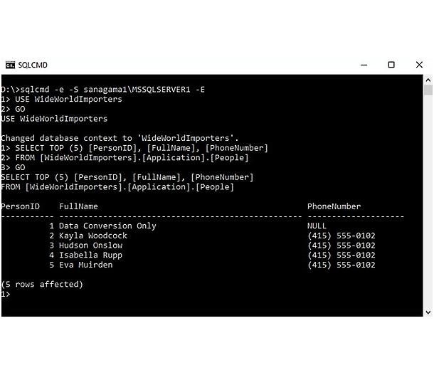 Demonstração do SQL Server em uma tela de comando