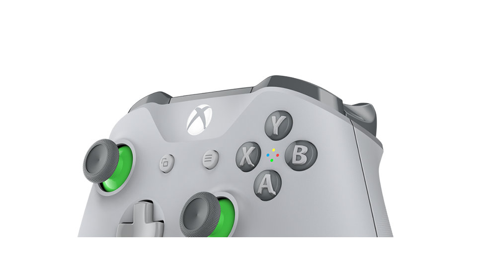 Zbliżenie na przyciski kontrolera bezprzewodowego dla konsoli Xbox — szaro-zielony