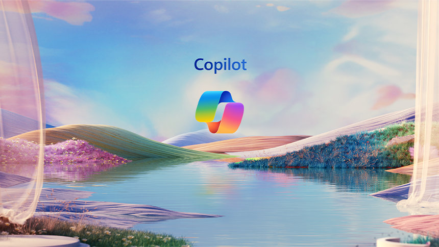 A Windows Copilot logo hovering above a beautiful lake setting with vibrant colors reflected in the surrounding landscape