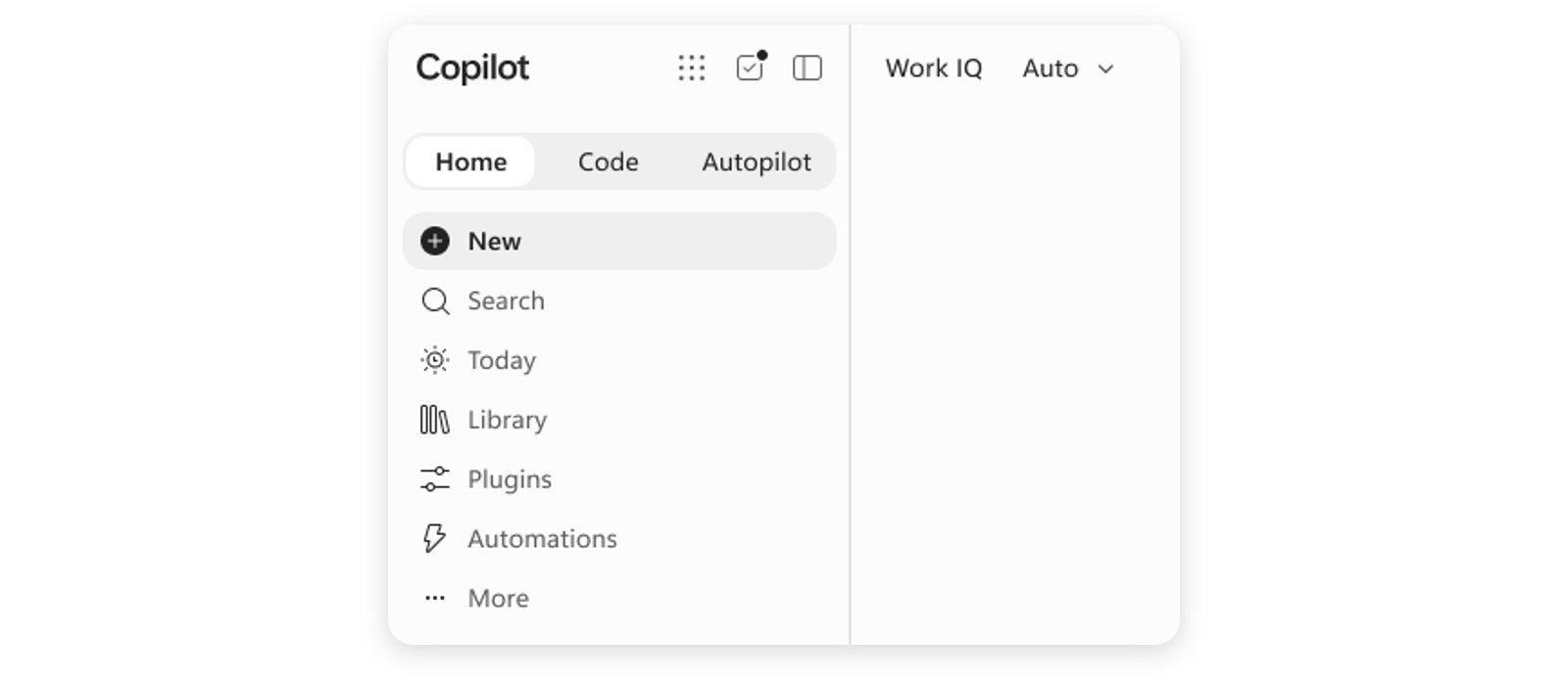 Screenshot of the Microsoft Copilot app interface showing the Home, Code and Autopilot tabs alongside a Work IQ and Auto model selector