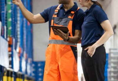 A man in an orange overalls holding a tablet.