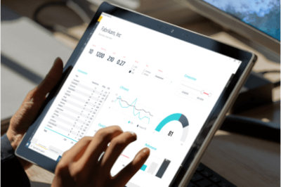 Hands working on a tablet looking at a report.