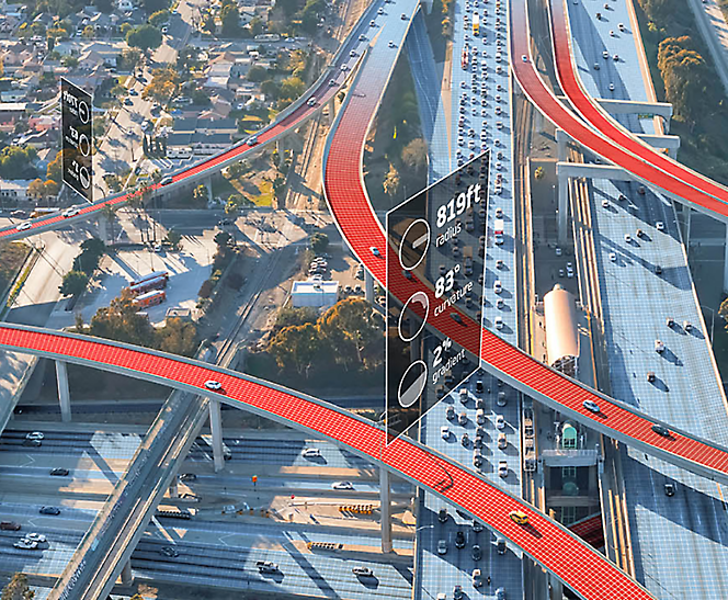 An aerial view of a freeway with cars on it and an overlay with statistics about the radius, curvature, and gradient of the overpasses.