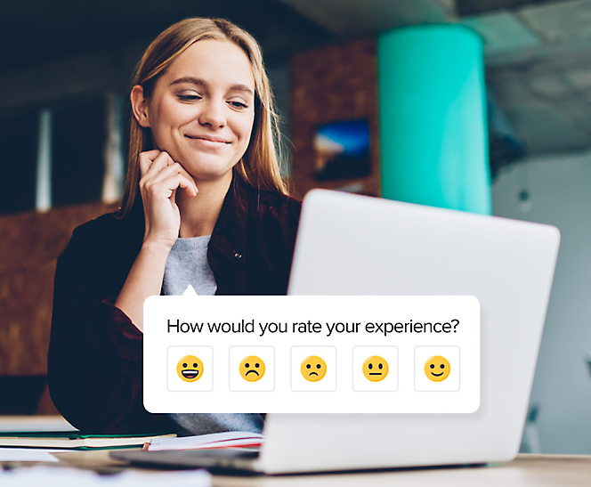 A woman sitting in the laptop with an overlay in the foreground of a dialog box that says "How would you rate your experience?" and which has smiley and frowning faces.