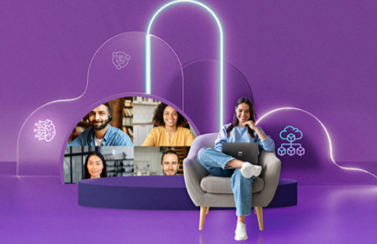 Eine Collage aus verschiedenen grafischen Elementen mit einer Person im Sessel vor violettem Hintergrund.