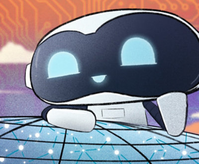 A cartoon robot with antennae and metallic body.