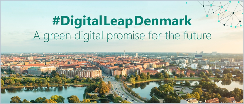 A panoramic view of a cityscape in Denmark with the text DigitalLeapDenmark A green digital promise for the future.