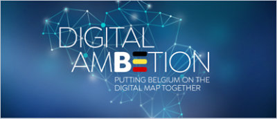 Text "Digital Ambition" with Belgian flag colors in the letter "B," tagline "Putting Belgium on the Digital Map Together", against a digital network background.