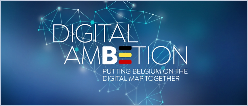 Text "Digital Ambition" with Belgian flag colors in the letter "B," tagline "Putting Belgium on the Digital Map Together", against a digital network background.