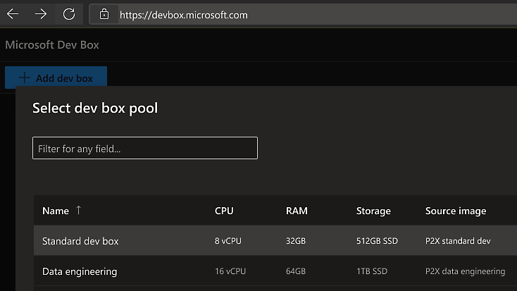 A user selecting a dev box pool from a list