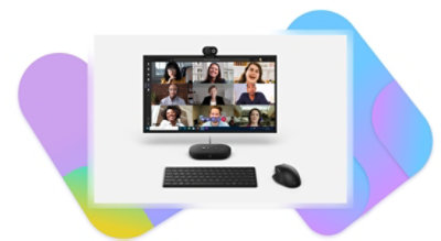 Ein Bildschirm, auf dem ein Teams-Videoanruf angezeigt wird, mit einer Webkamera, einem Lautsprecher sowie kabelloser Tastatur und Maus