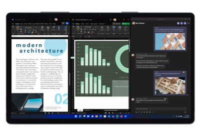 A tablet running Windows 11 displaying a split screen of a Word document, an Excel sheet, and a Teams chat simultaneously.