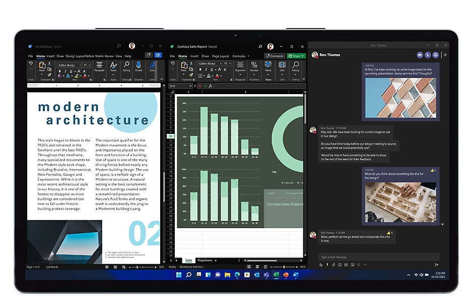 A tablet running Windows 11 displaying a split screen of a Word document, an Excel sheet, and a Teams chat simultaneously.
