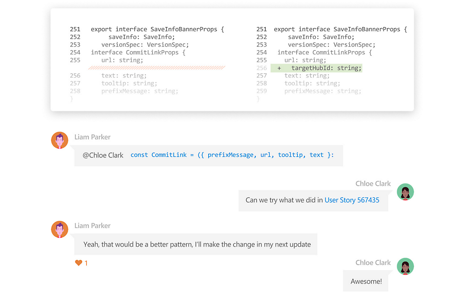 Een chatgesprek over een codebeoordeling in Azure-opslagplaatsen 