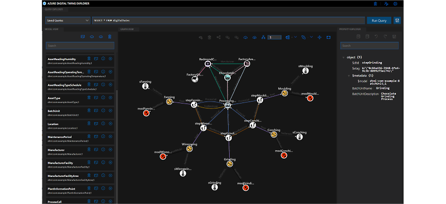 Egy gráf nézete az Azure Digital Twins Explorerben