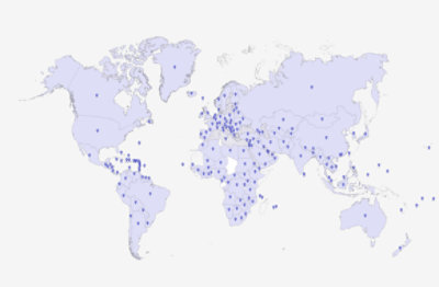 World map with numerous blue location markers across various countries.