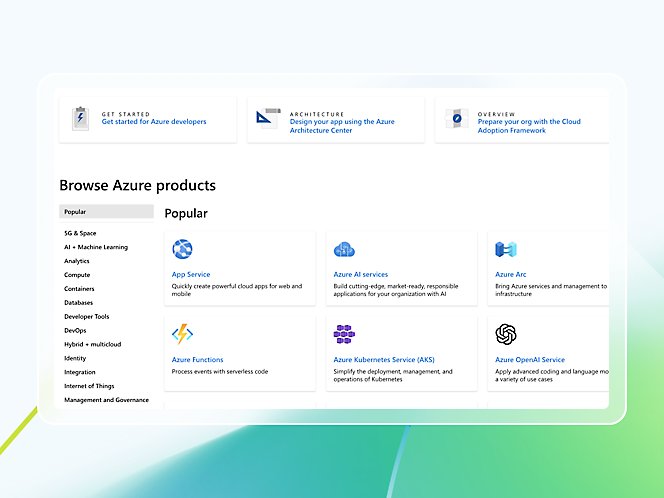 Különböző Azure-termékeket megjelenítő ablak