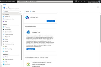 Capture d’écran du centre d’administration Microsoft Entra montrant des options pour gérer les services de domaine, créer une relation d’approbation, etc.