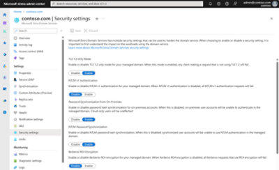 Capture d’écran du centre d’administration Microsoft Entra montrant la page des paramètres de sécurité pour contoso.com.