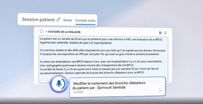 Graphique Microsoft Dragon Copilot avec une courbe illustrant : simplifiez la gestion de vos documents, accédez rapidement aux informations et automatisez vos tâches. Logo ci-dessous.