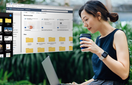 外で飲み物のカップを持ちながらノート PC を確認する人物と OneDrive の画面