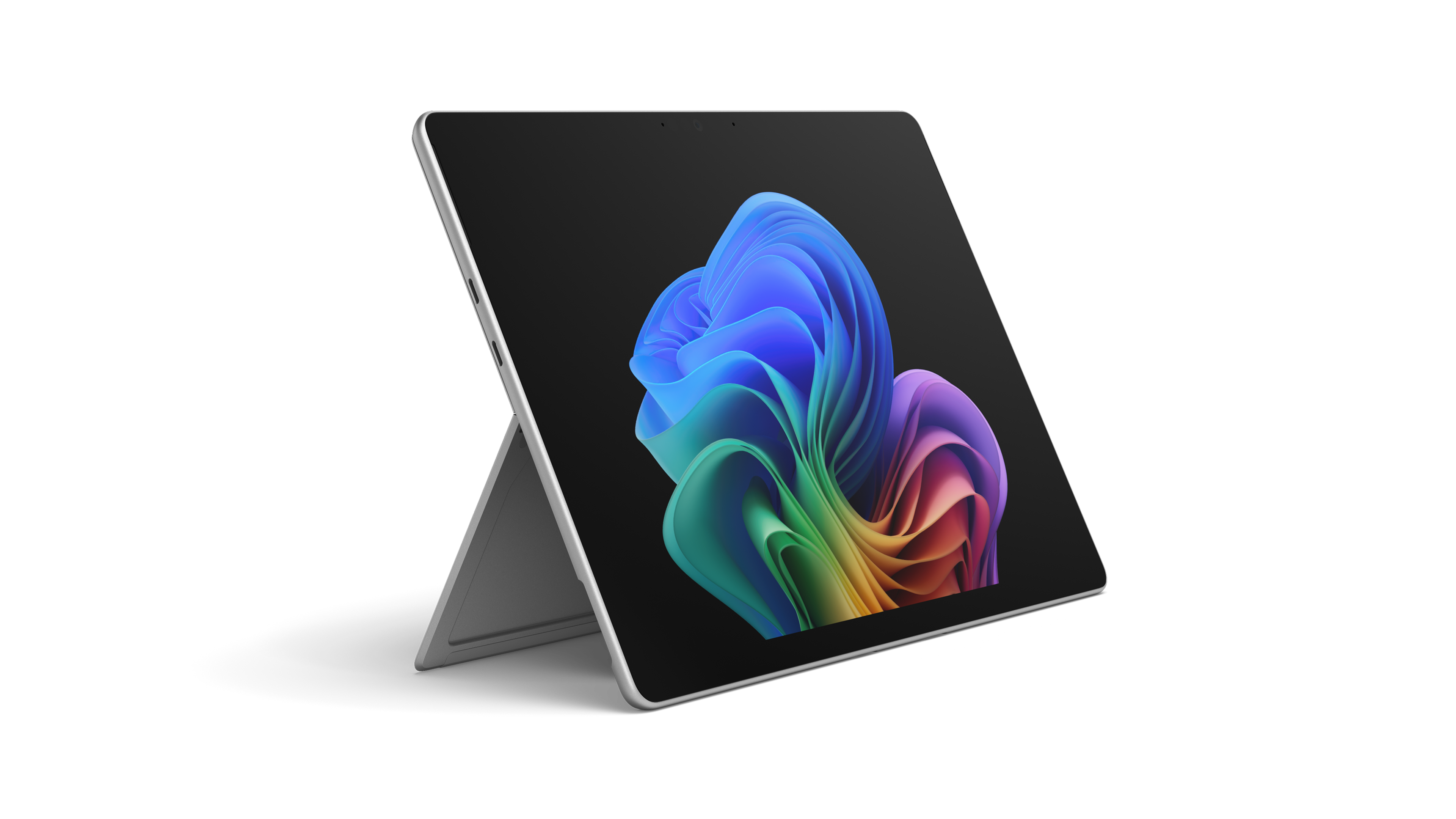 An open next generation Surface Pro 2-in-1 device facing right without a keyboard displaying the rainbow bloom image