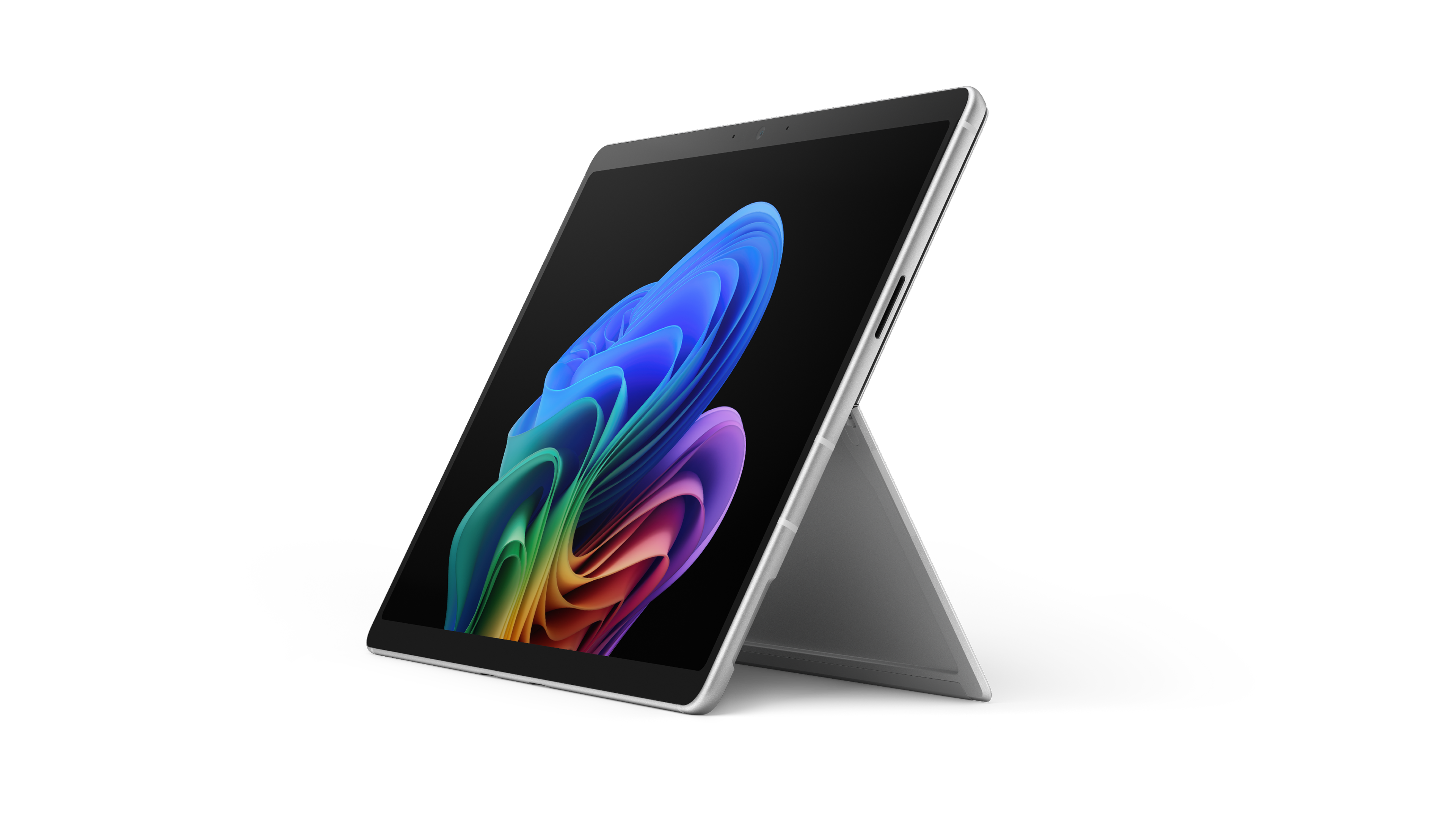 An open next generation Surface Pro 2-in-1 device facing left without a keyboard displaying the rainbow bloom image