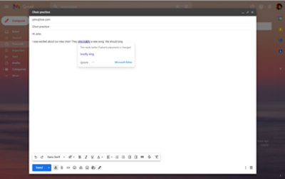 Un suggerimento grammaticale in una bozza in Gmail effettuato da Editor Microsoft.