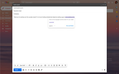 Un suggerimento su uno stile conciso in una bozza in Gmail effettuato da Editor Microsoft.