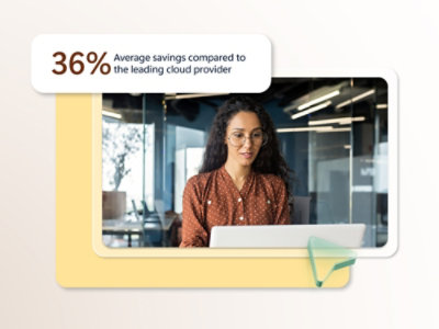 A woman with long hair wearing glasses working on a laptop with a white background and black text.