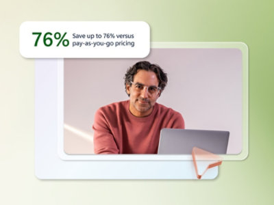 A man sitting at a desk with a laptop wearing glasses and a red shirt; green and black text on a white background reads: Save up to 76% versus pay-as-you-go pricing.