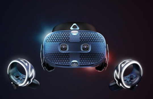 VIVE Cosmos headset and controllers with glowing lights.