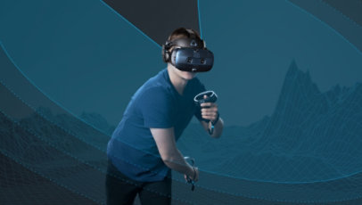 A person plays a VR game using the VIVE Cosmos headset and controllers.